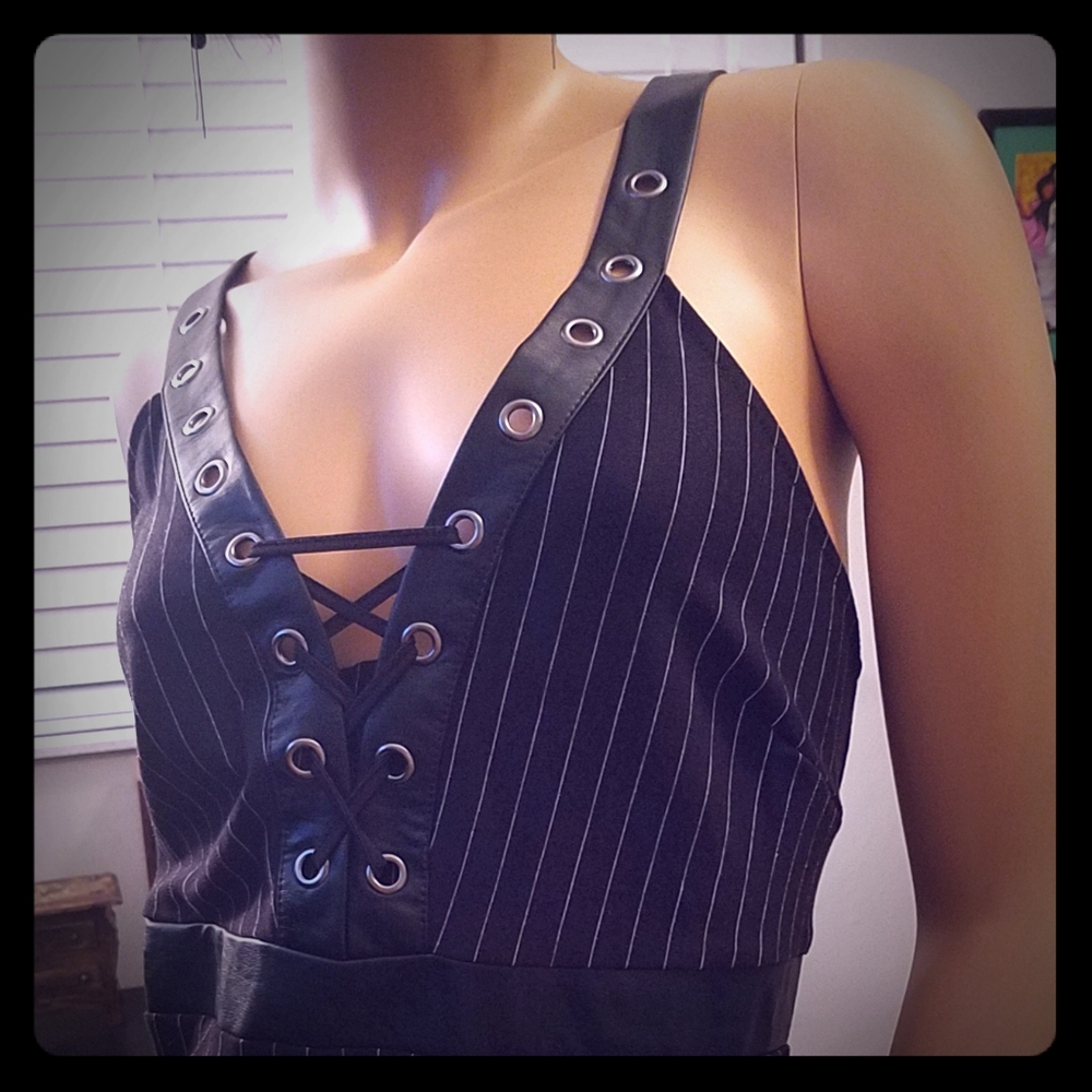 Black pinstripe sleeveless dress with faux straps